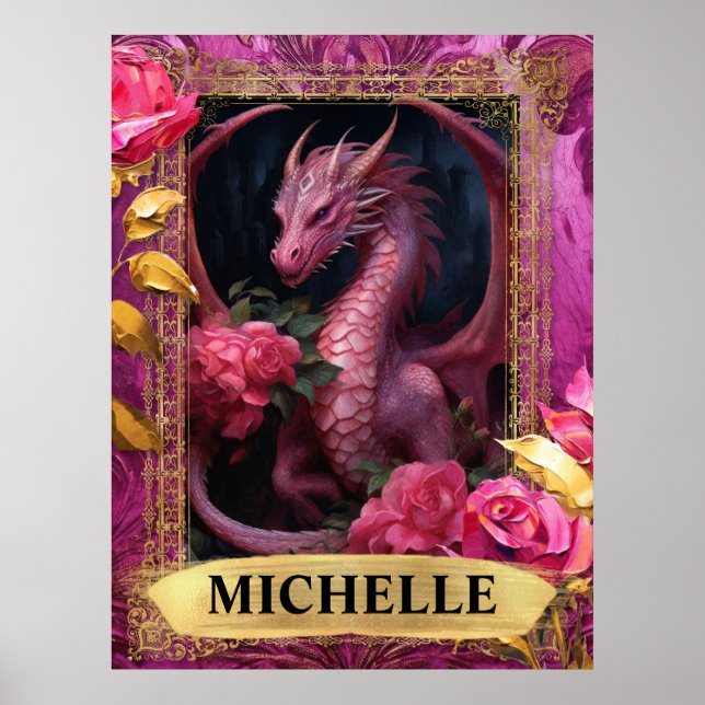 Poster Dragon romantique Fuchsia et Imaginaire Rose (Devant)