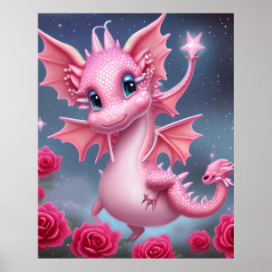 Poster Dragon rose mignon aux fleurs roses
