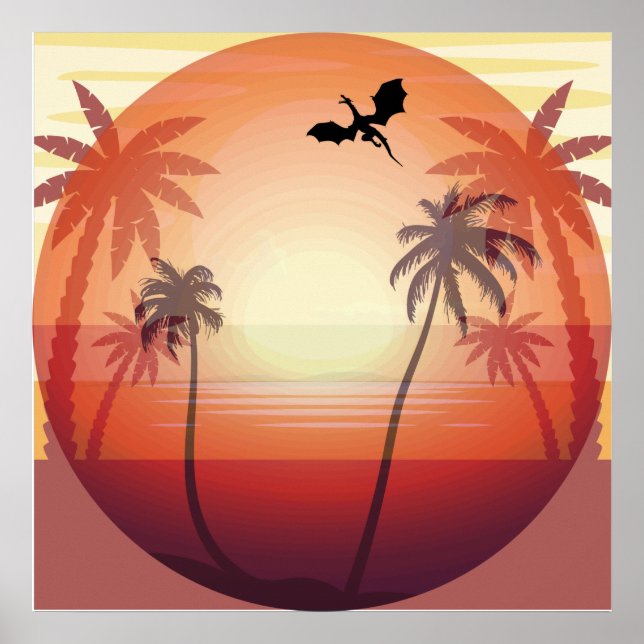 Poster Dragon survolant l'île tropicale au coucher du sol (Devant)