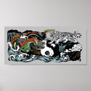 Poster Dragon vert chinois contre Tigre blanc
