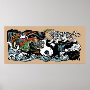 Poster Dragon vert chinois contre Tigre blanc