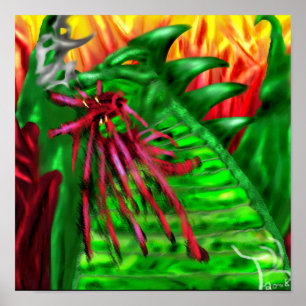 Poster Dragon Vert en Flammes Fantastique