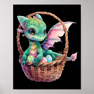 Poster Dragon vert mignon Oeufs de chasse de Pâques Oeufs