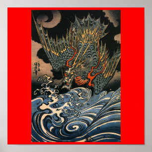 Poster Dragon volant au-dessus de l'eau C. 1800's (Japon)