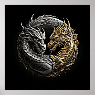 Poster Dragon Yin Yang Art Or et argent