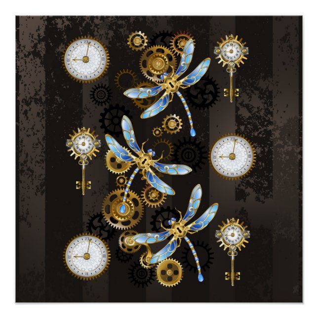Poster Dragonflies de Steampunk sur arrière - plan rayé b (Devant)