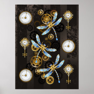 Poster Dragonflies de Steampunk sur arrière - plan rayé b