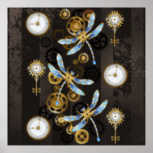 Poster Dragonflies de Steampunk sur arrière - plan rayé b