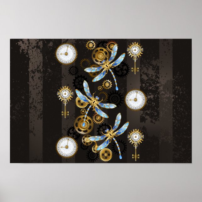 Poster Dragonflies de Steampunk sur arrière - plan rayé b (Devant)