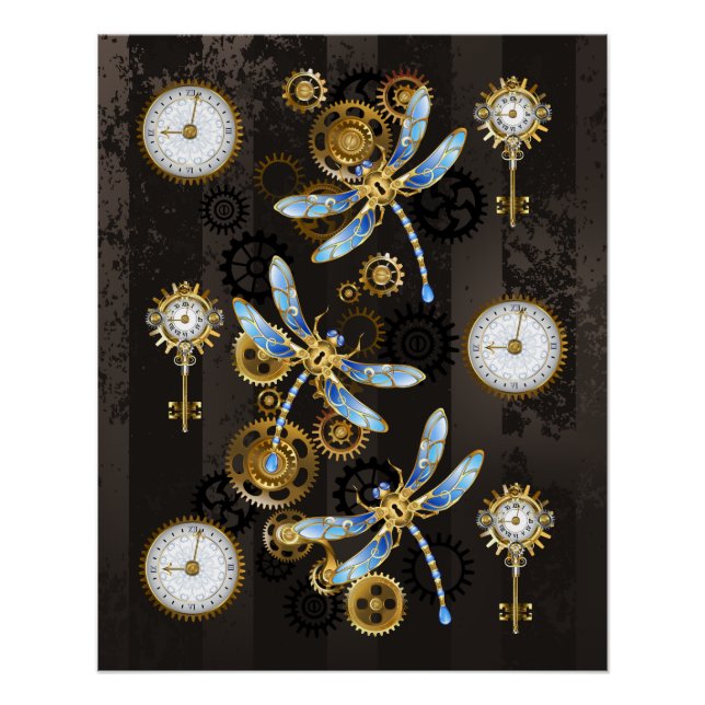 Poster Dragonflies de Steampunk sur arrière - plan rayé b (Devant)