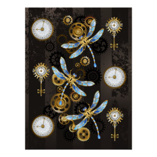 Poster Dragonflies de Steampunk sur arrière - plan rayé b