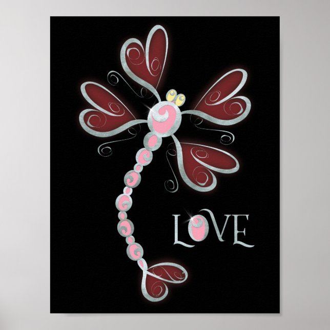 Poster Dragonfly à ailes cardiaques "Love" joli design ar (Devant)