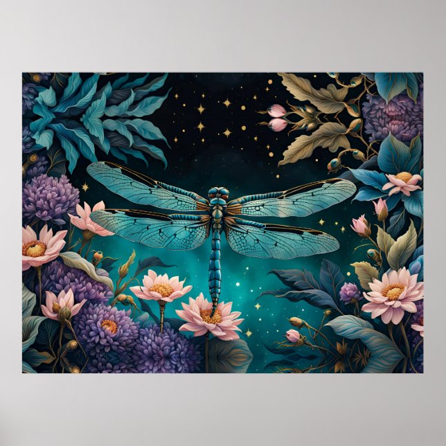 Poster Dragonfly dans un jardin fleuri la nuit (Devant)