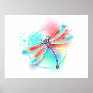 Poster Dragonfly rouge sur l'arrière - plan aquarelle
