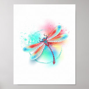 Poster Dragonfly rouge sur l'arrière - plan aquarelle