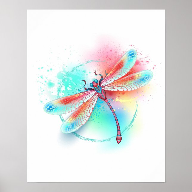 Poster Dragonfly rouge sur l'arrière - plan aquarelle (Devant)
