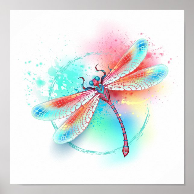 Poster Dragonfly rouge sur l'arrière - plan aquarelle (Devant)