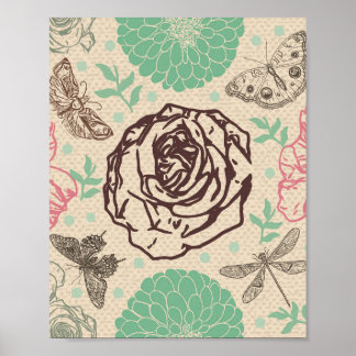 Poster Dragonfly Vintage Rose