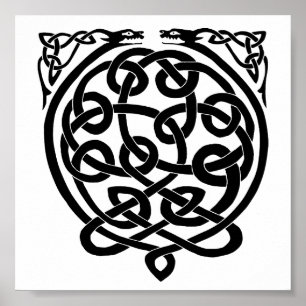 Poster Dragons celtiques de noeud - noir et blanc