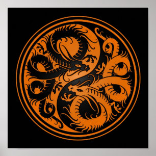 Poster Dragons chinois de Yin Yang orange et noir
