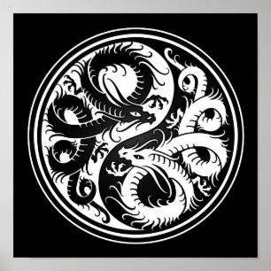 Poster Dragons chinois Yin Yang blancs et noirs