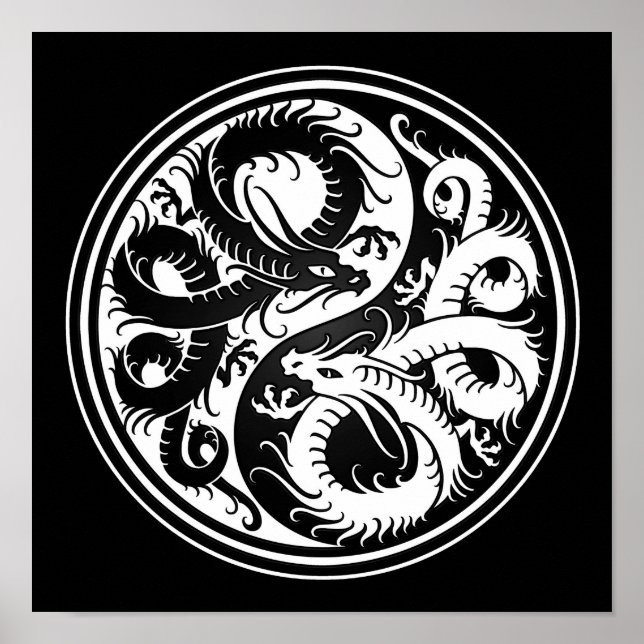 Poster Dragons chinois Yin Yang blancs et noirs (Devant)