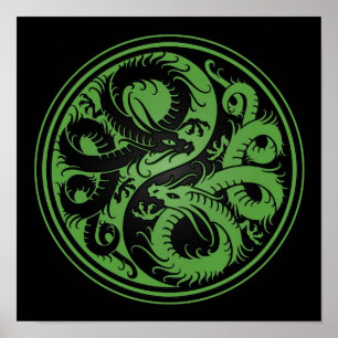 Poster Dragons chinois Yin Yang verts et noirs