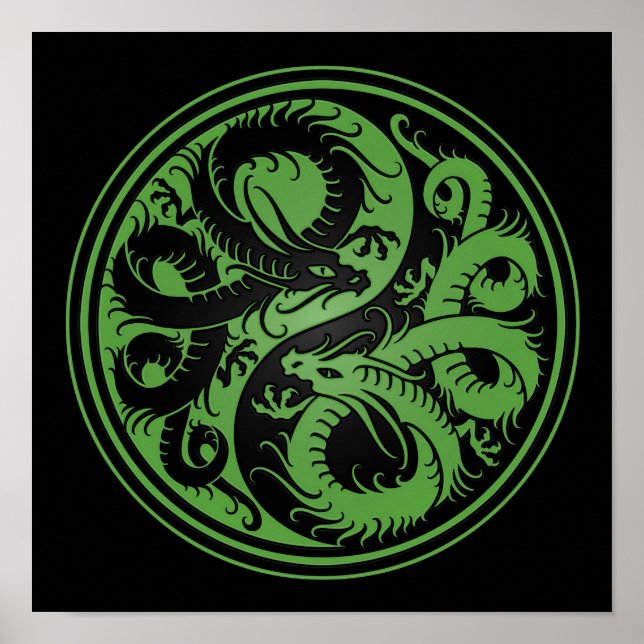 Poster Dragons chinois Yin Yang verts et noirs (Devant)