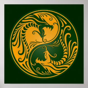 Poster Dragons jaunes et verts de Yin Yang