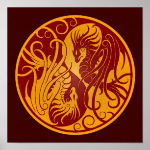 Poster Dragons Yin Yang Jaune et Rouge volant