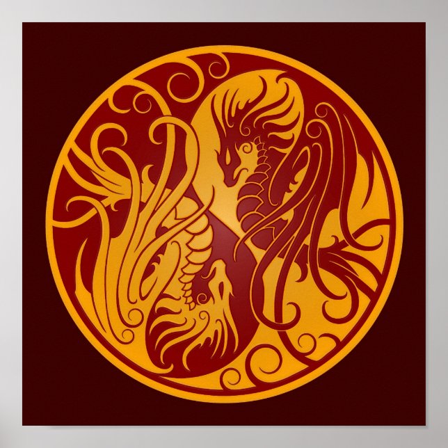 Poster Dragons Yin Yang Jaune et Rouge volant (Devant)