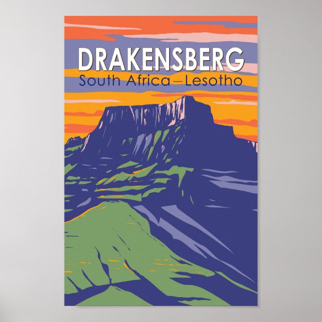 Poster Drakensberg Afrique du Sud Lesotho Travel Art Retr (Devant)