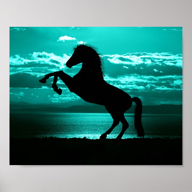 Poster Dramatic Black Horse Teal Sky Peaceful  (Devant)