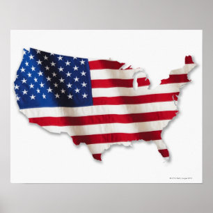 Poster Drapeau américain dans la forme des Etats-Unis