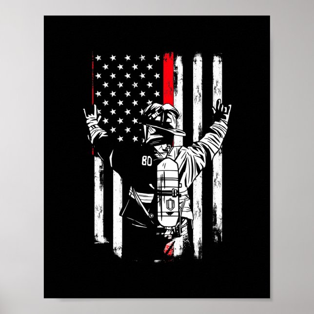 Poster Drapeau américain des pompiers Mince Red Line (Devant)