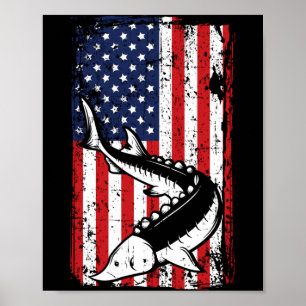 Poster Drapeau américain du 4 juillet Sturgeon Fishing Pa