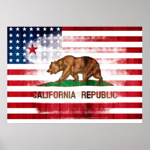Poster Drapeau américain en détresse et drapeau de la Cal