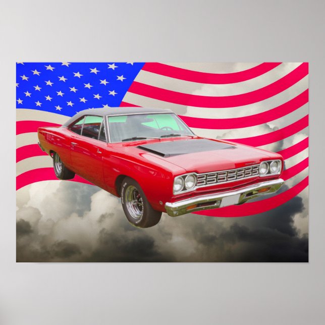 Poster Drapeau Américain Et Coureur De Route De Plymouth  (Devant)