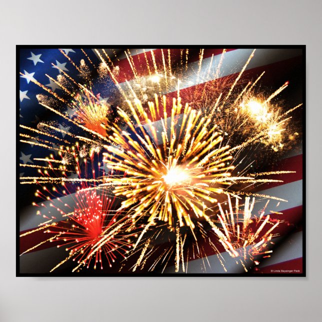 Poster Drapeau américain et feux d'artifice (Devant)