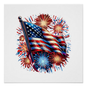Poster Drapeau américain Feux d'artifice Patriotique