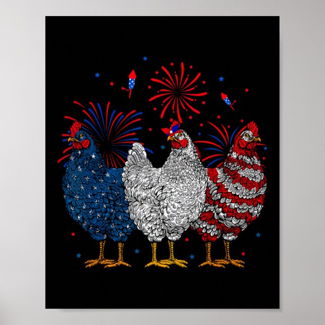 Poster Drapeau américain Patriotique Poulets Amour 4 juil (Devant)