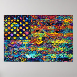 Poster Drapeau américain rétro des années 60 Art psychédé