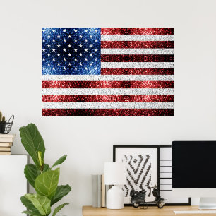 Poster Drapeau américain rouge blanc bleu scintillements 