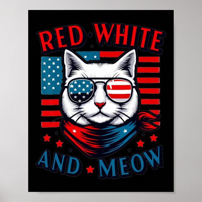 Poster Drapeau Américain Rouge Blanc Et Meow Chat 4 juill (Devant)