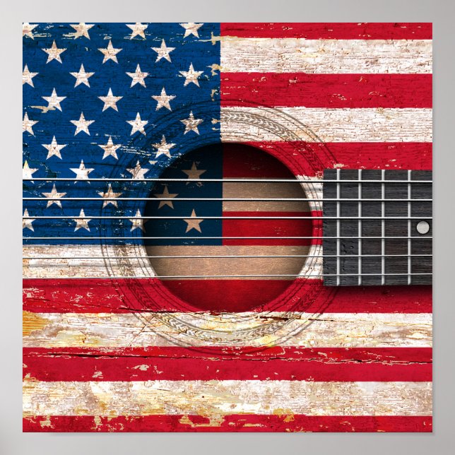 Poster Drapeau américain sur la vieille guitare acoustiqu (Devant)
