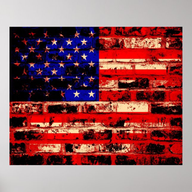 Poster Drapeau Américain Sur L'Ancien Mur De Briques (Devant)