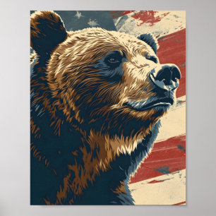 Poster Drapeau américain vintage Grizzly