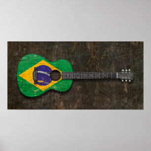 Poster Drapeau brésilien griffé et usé Guitare acoustique