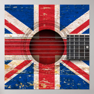 Poster Drapeau britannique sur la vieille guitare