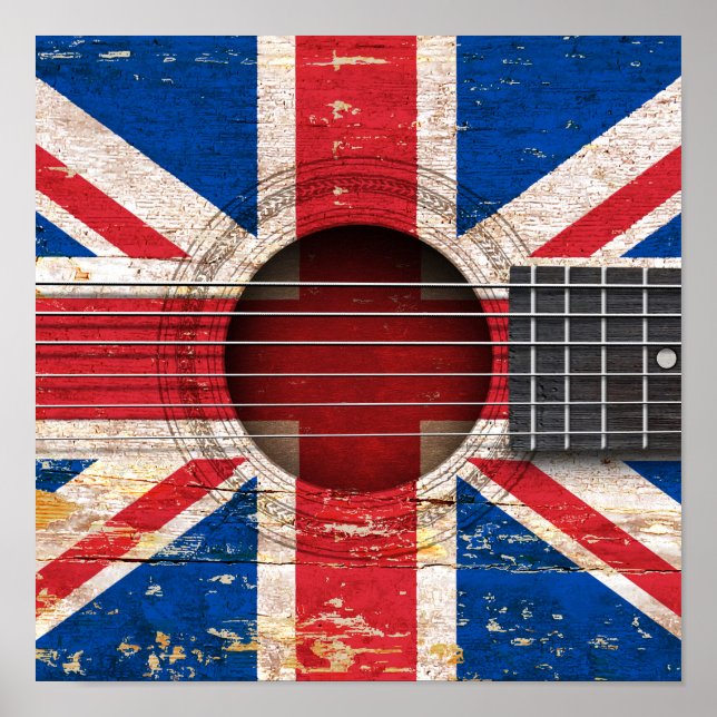 Poster Drapeau britannique sur la vieille guitare acousti (Devant)